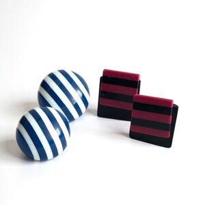 Vintage 1980s Bold Stripe Earrings Lot – Blue & White Hot Pink & Black